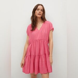 MNG Mango Pink Tiered V-Neck‎ Mini Dress